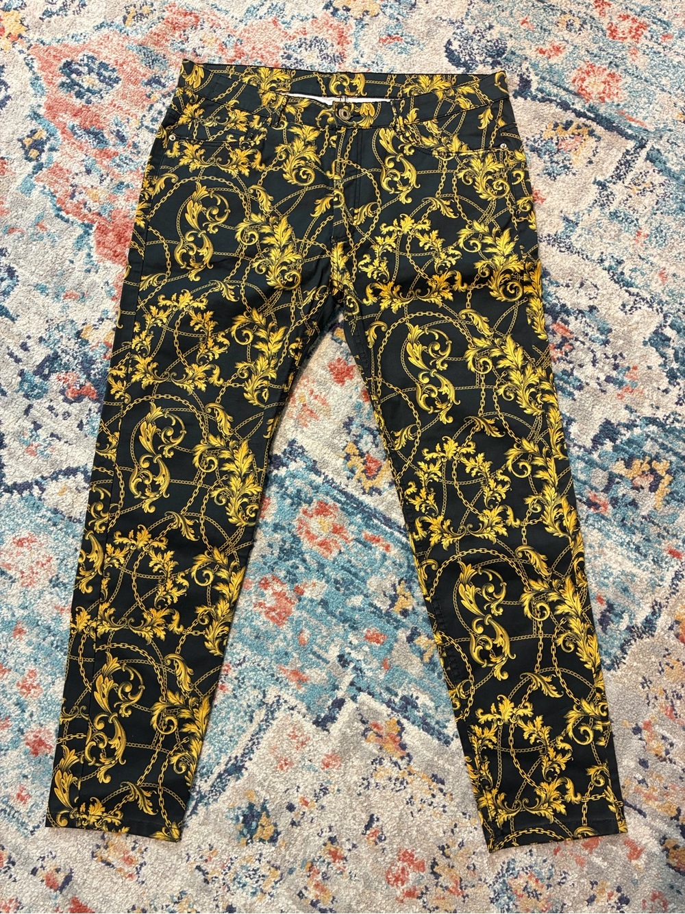 Zara Black Slim Jeans with Gold Baroque Print